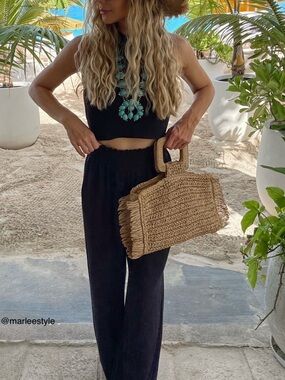 Straw Woven Top Handle Bag Fringe Raffia Clutch